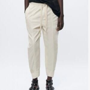 ZARA Size XS Cream Drawstring Tapered Balloon Trousers Barrel New High-Waist
